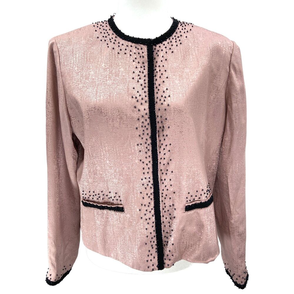 Adrianna Papell Women's 14‎ 100% Silk Beaded Pink Cardigan Jacket Shoulder Pads